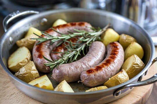 A photo of a pan filled with roasted sausages and potatoes