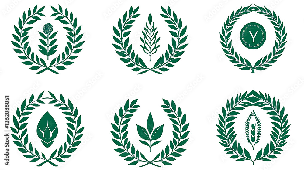 Poster collection of green laurel wreaths with different leaves and textures botanical vector images