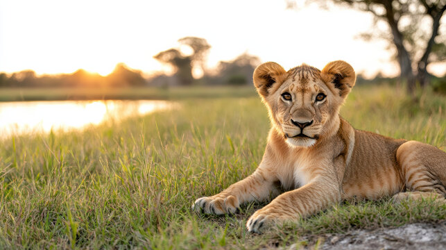 Majestic lion cub resting in tall grass during sunset, serene atmosphere