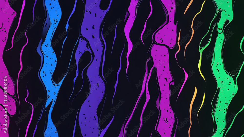 Poster colorful abstract flowing wavy lines and liquid shapes on dark background with small speckles patter