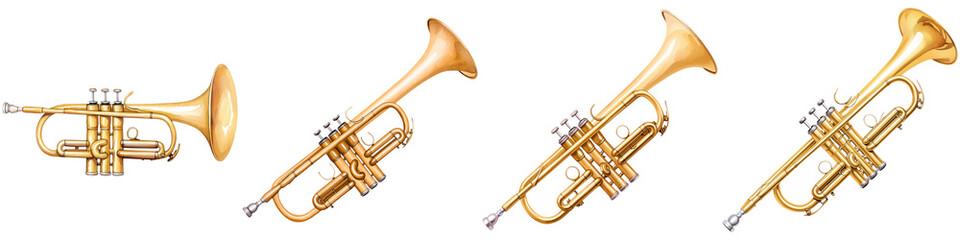 Fototapeta premium Concerts performance and visuals watercolor, A series of four golden trumpets displayed in different orientations, showcasing their shiny brass finish and intricate design.