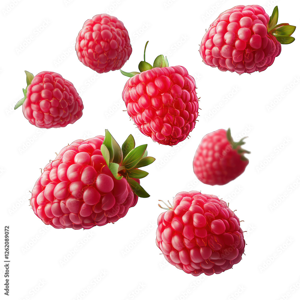 Poster raspberry flying isolated on white transparent background