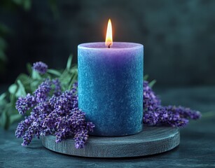 Photo of a lavender-scented candle with a burning flame in a dark setting