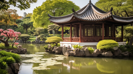 A pavilion, surrounded by lily pads and blooming tulips. This serene scene features lush greenery, clear skies, and vibrant colors, showcasing cultural beauty.