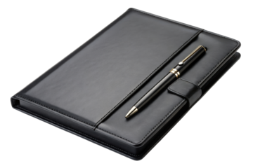 Black leather notebook with pen isolated with transparent background