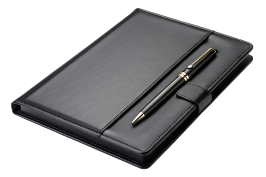 Black leather notebook with pen isolated with transparent background