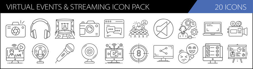 Virtual Events and Streaming Icon Set - A collection of 20 icons representing virtual events and streaming, including cameras, microphones, live streaming, video conferencing, and media.

