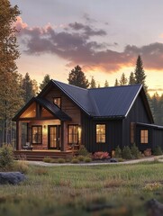 Obraz premium Modern Cabin at Sunset: A picturesque modern cabin nestled amidst a serene forest setting, the warm glow of twilight paints the sky and emphasizes the architectural details of the structure.