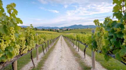 Naklejka premium peaceful vineyard in Slovenian countryside with lush green grapes