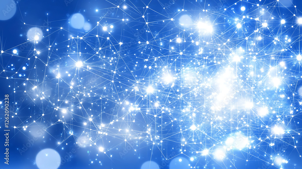 Poster complex interconnected network of glowing nodes on a blue gradient background for futuristic design