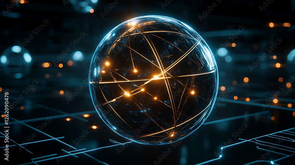 Poster connected world data network with glowing nodes and lines in a sphere visualization concept