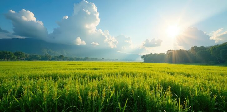 Pemandangan sawah di pagi hari dengan warna biru, hampir, pagi
