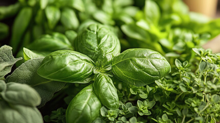 Obraz premium Fresh basil leaves surrounded by various herbs, showcasing vibrant green colors and textures. This captures essence of healthy herb garden, perfect for culinary use