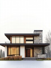 Fototapeta premium Modern Architectural Marvel: A stunning contemporary residence showcasing clean lines, large windows, and a seamless blend of natural materials, embodying modern design and architectural excellence.