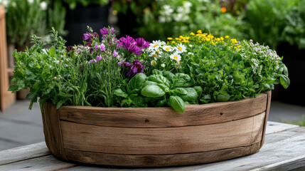 rustic wooden planter filled with vibrant herbs and flowers