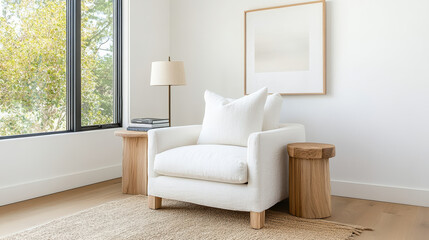 Obraz premium serene home office featuring comfortable armchair and natural light