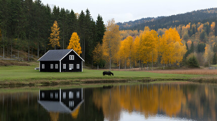 Black house autumn lake reflection horse