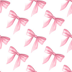 Coquette Bows in pastel pink color. Watercolor isolated hand drawn seamless pattern of delicate trendy accessory. Girly and lady style. For cutecore, romantic design, textile, wrapping, scrapbooking.