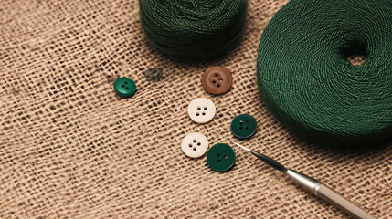 Crafting Essentials Buttons Yarn and Needle on Burlap Fabric Artistic Hobbyist Handmade Sewing Concept