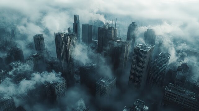Foggy skyscrapers emerging through dense clouds