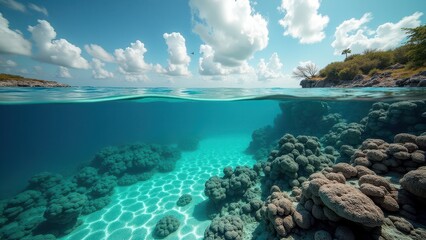 Fototapeta premium Split-view of bleached coral reef underwater and sky with clouds above surface 