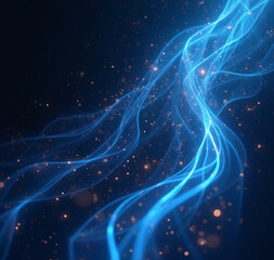 Obraz premium A dynamic abstract background featuring flowing blue lines intertwined with sparkling golden particles against a dark backdrop.