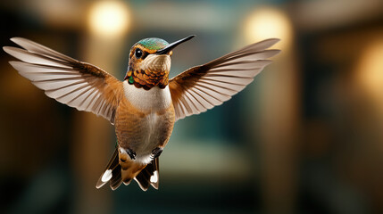 vibrant hummingbird captured mid flight with blurred wings, showcasing its beauty