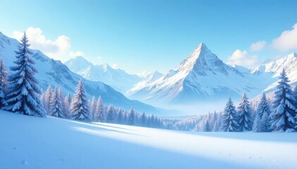 Frozen landscape with snow-covered mountains, blue sky and trees, snow covered peaks, snowy trees