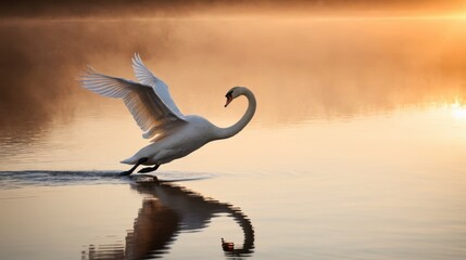 Obraz premium A graceful swan takes flight across a serene lake at dawn