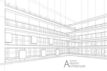 A 3D illustration imaginative architectural design, featuring perspective lines of the building's construction.