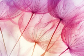 Translucent pink dandelion seeds, close-up, soft background, design element
