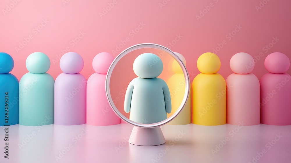 Poster reflective character displaying individuality among colorful figurines studio setting digital art vi