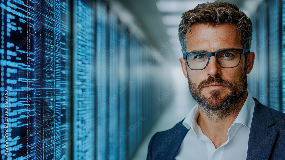 Poster secure it professional in data center, ensuring client data safety