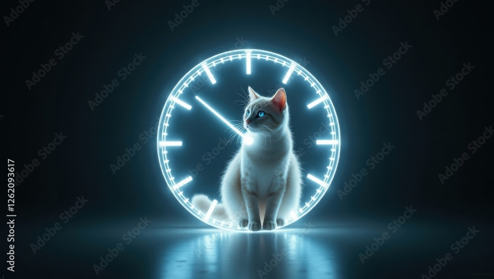Poster exploring concepts of quantum time and retrocausality with a cat illuminated by a glowing clock in a