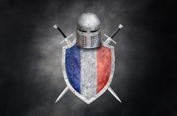 knight's swords shield and helmet on dark background