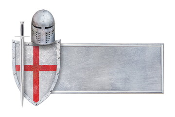 metallic frame with knight's sword shield and helmet
