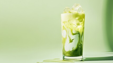 Creamy Iced Matcha Latte with Swirling Green Tea and Milk