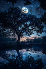 Fototapeta premium Celestial Symphony: The Luminous Midnight Tapestry of Moonlit Serenity