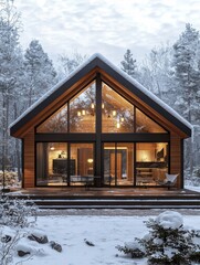 Cozy Cabin in Winter Wonderland: A stunning cabin surrounded by snow-covered trees and a tranquil landscape of a serene winter scene.