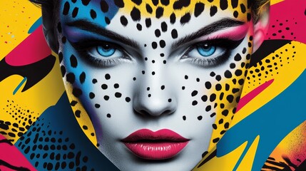 Surreal portrait with bold colors and animal print face art concept