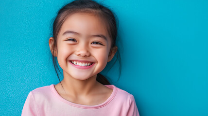 Smiling Asian teen girl in pink outfit against blue wall
