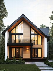 Fototapeta premium Modern House Exterior Design: A stunning modern house design with sleek black window frames, light wood siding, and a sharp pitched roof. The house is illuminated from within.