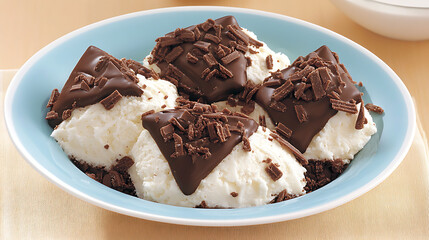 Decadent Vanilla Ice Cream Dessert with Rich Chocolate Topping and Shaved Chocolate Pieces Delight
