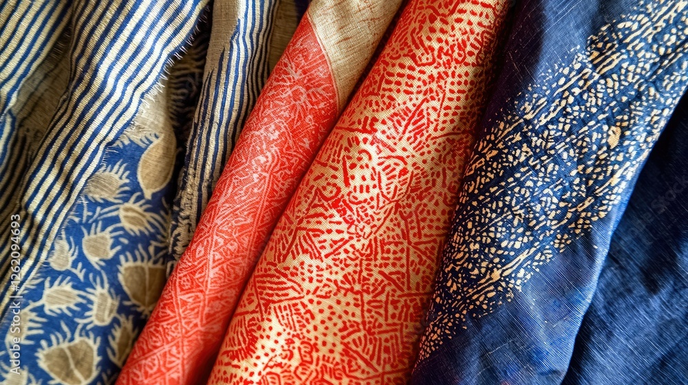 Poster vibrant textiles with intricate patterns and rich colors displayed
