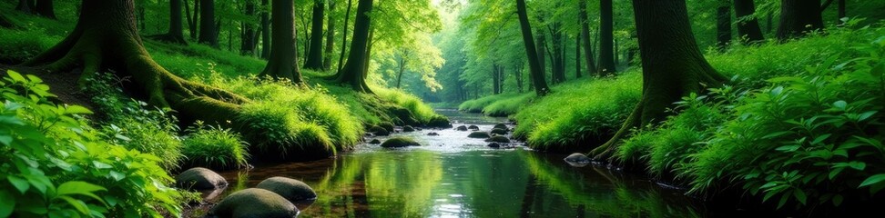 Forest stream with lush greenery and tall trees surrounding it, greenery, stream, trees