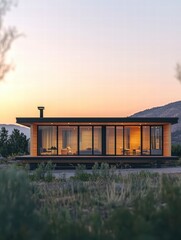 Fototapeta premium A stylish modern home seamlessly merges with its natural surroundings, exuding tranquility and contemporary design. Perfect for evoking a sense of calm, innovative architecture.