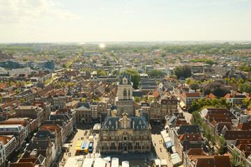 Delft cityscape showing city hall, market square, and nieuwe kerk