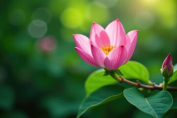 Delicate pink petals unfolding on a lush green branch, florals