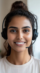 Indian call center agent wearing headset during work
