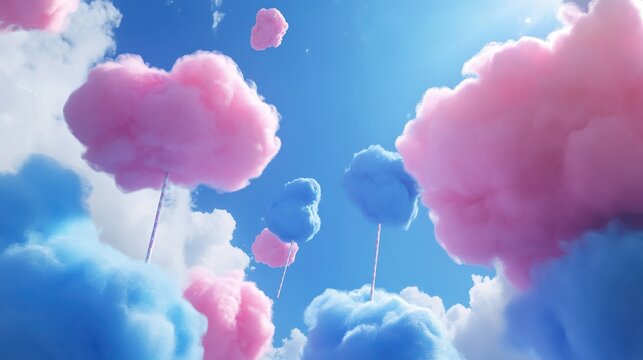 A surreal dreamy advertisement featuring fluffy pink and blue cotton candy clouds floating in bright blue sky evoking childhood joy